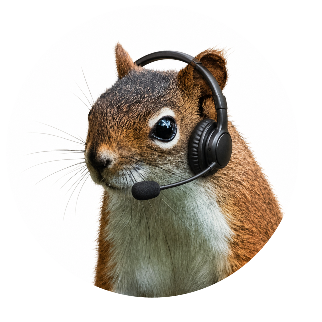 Cress IT squirrel mascot wearing a headset and lab coat while using a mouse